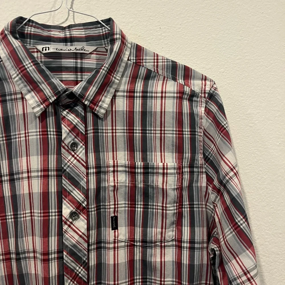 Travis Mathew Men's Medium Cotton Polyester Grey Red Plaid Long Sleeve Shirt EUC